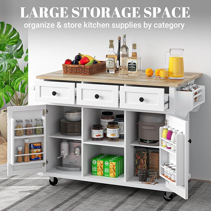 Rovibek Kitchen Island with Drawers 53 in Rolling Island Cart Mobile Solid Wood Portable Islands on Wheels with Storage Cabinet & Drawers, White