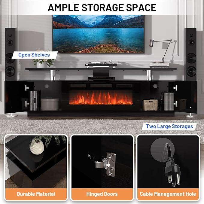 70'' Fireplace TV Stand, Entertainment Center with 36'' Firplace, 2 Tier TV Console Cabinet with Storage Cabinet, Electric Fireplace Heater with LED Light and 12 Flame Colors, Black
