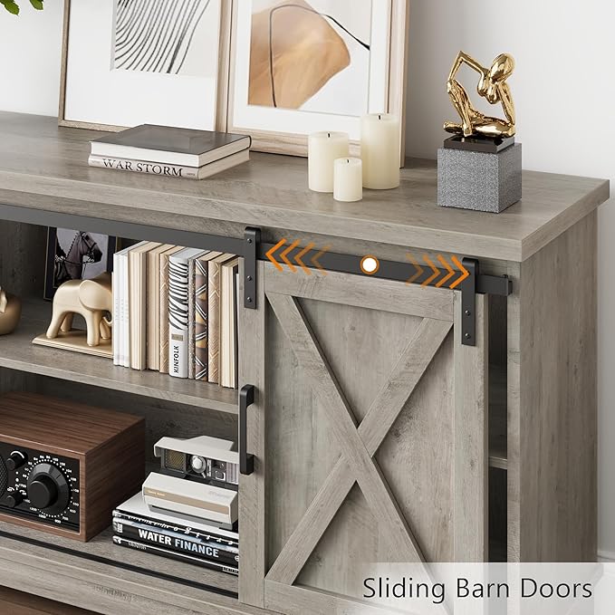 GarveeHome Farmhouse Tv Stand for 65 Inches TVs, Entertainment Center with Sliding Barn Doors and Adjustable Shelf, Modern Media TV Console TV Stand Table for Living Room, Bedroom, Grey