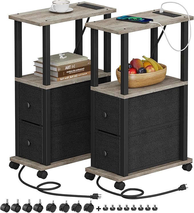 TUTOTAK Small Narrow End Tables, Side Tables with 2 Fabric Drawers, Set of 2, Bedside Tables with Charging Station for Small Spaces, Slim Nightstands with USB Ports and Wheels, TB01BG053