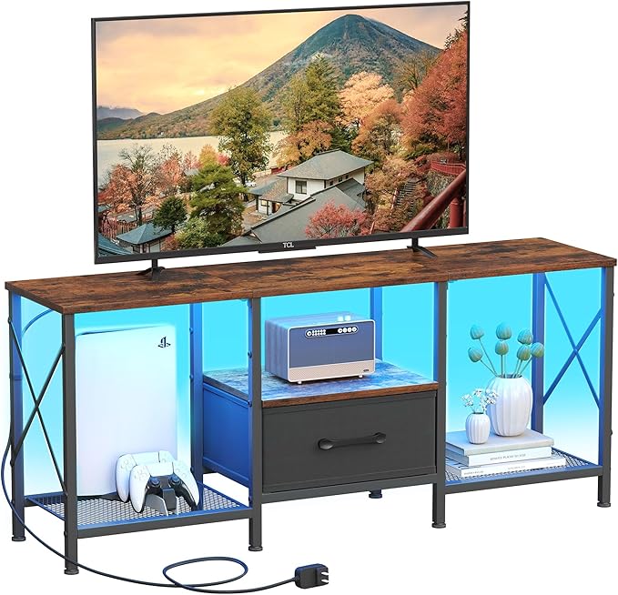 LED TV Stand with Fabric Drawer, Entertainment Center for 50 55 Inch TV, Industrial TV Console Table with Open Storage Shelves for Living Room, Bedroom, Rustic Brown