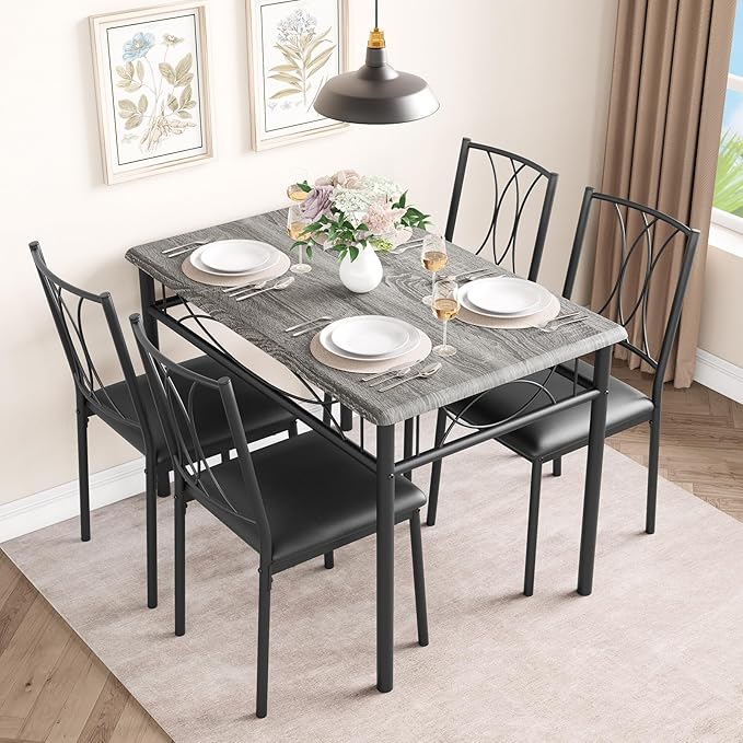 IDEALHOUSE Dining Table Set for 4, Kitchen Table and Chairs Set for 4, Rectangular Kitchen Table Set, 5 Piece Small Dining Table Set with Upholstered Chairs for Apartment, Small Space, Retro Gray