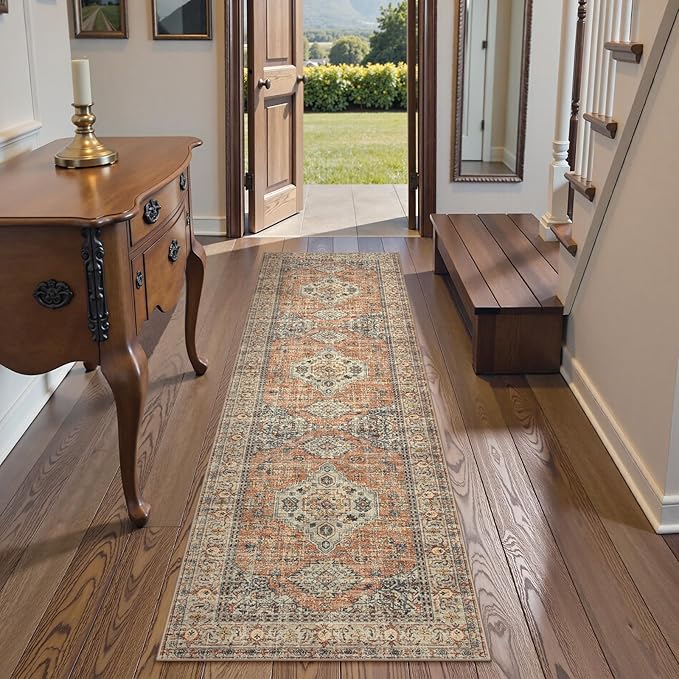 Lahome Oriental Washable Runner Rug Non Slip, 2x7 Rug Runners for Hallways Non Slip Vintage Ultra-Thin Soft Long Carpet for Kitchen Laundry Room Bedroom, Peach/Orange