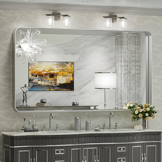 TokeShimi 55 x 36 Inch Brushed Silver Mirror Wall Mirror for Bathroom Black Metal Frame Decorative Rectangular Wall Mounted Home Decor Corner Hangs (Horizontal/Vertical)