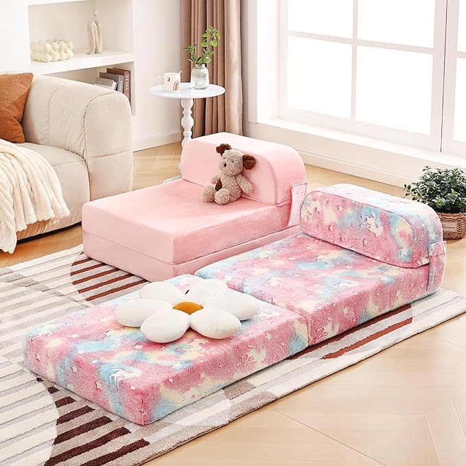 Tiita Folding Sofa Bed for Kids, Toddler Fold Out Couch Bed with Removable Cover, Kids Futon Sleeper Chair Folding Bed Mattress for Kids Room, Living Room, Guest Room,Colorful