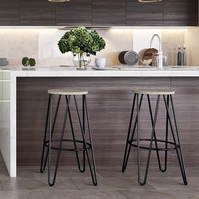 SIMPLIHOME Simeon Industrial Metal 30 inch Metal Bar Stool with Wood Seat in Natural / Black for the Dining Room and Kitchen