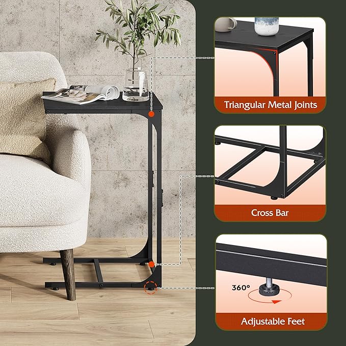 WLIVE C Shaped End Table, Small Couch Side Tables with Metal Frame, Sofa Table TV Tray for Living Room, Bedroom, Relief Black
