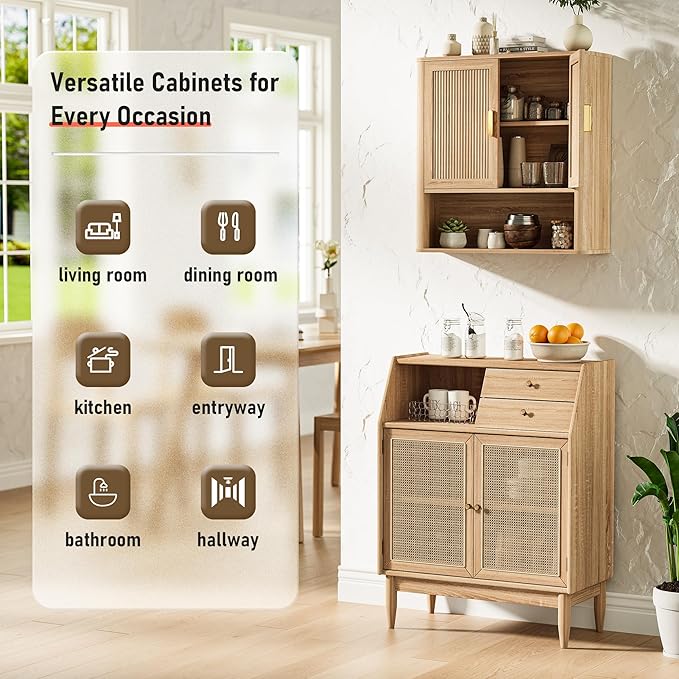 Bathroom Storage Cabinet, Medicine Cabinet with Adjustable Wood Shelf & Doors, Over The Toilet Storage Cabinet for Laundry Room & Kitchen & Living Room (Natural Oak)