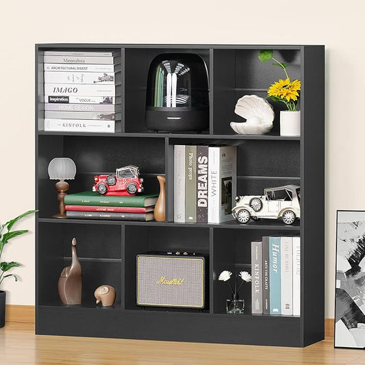 YAHARBO Black Wide Bookshelf,3 Tier Modern Horizontal Bookcase,Wood Low Bookshelves Display Storage Cabinet with Base,Floor Standing 8 Cube Large Bookcases Organizer for Bedroom,Living Room,Office