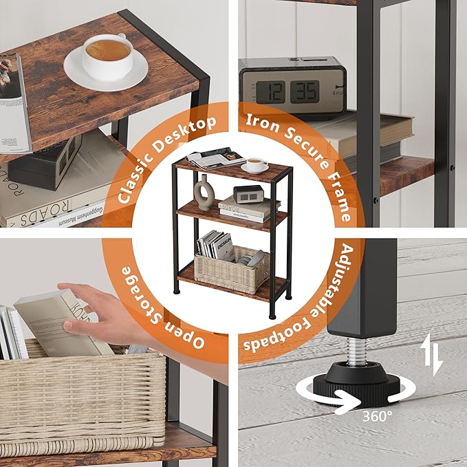 3-Tier Side Table Set of 2, Small End Table, Sofa Side Table for Narrow Spaces, Slim End Table, Nightstand Table, for Living Room Bedroom Office, Rustic Brown