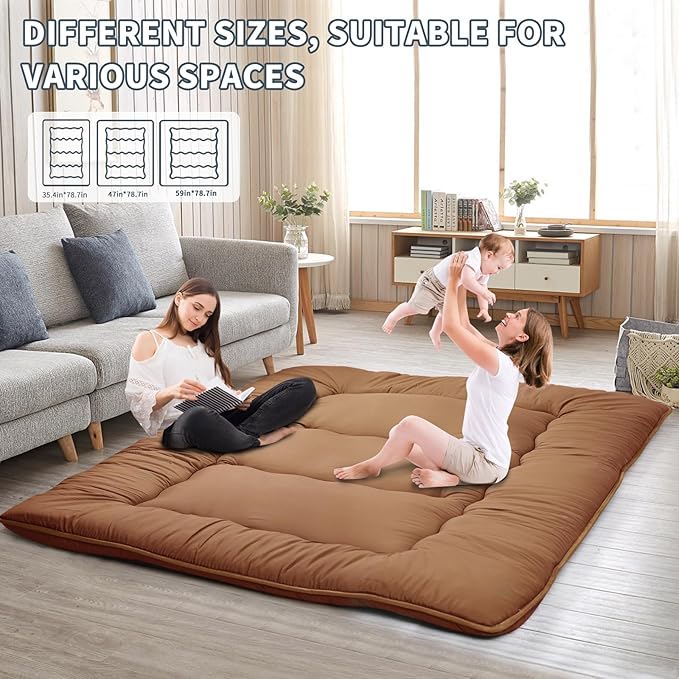 Japanese Floor Mattress,4" Thicken Japanese Floor Sleeping Pad Foldable,Futon Mattress Suitable for Camping and Guest Room (Khaki, Full (80" X 47"))