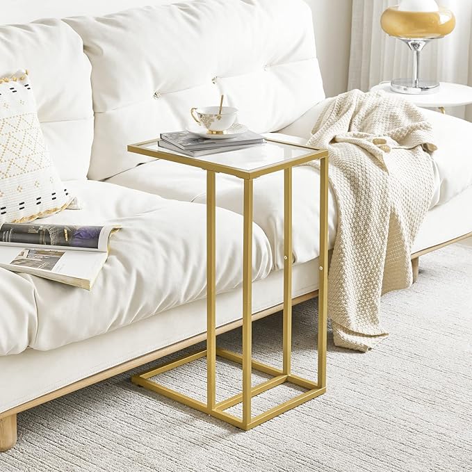 YMYNY C-Shaped End Table, Tempered Glass Sofa Side Table, nightstand for Small Place,Coffee Table for Hallway Office Bedroom Living Room, Metal Frame, Gold, 24.8 * 15.75 * 11.8" UHGD001G
