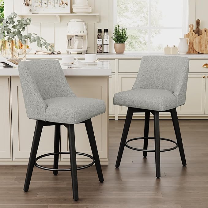 Vipbear Swivel Counter Height Bar Stools Set of 4,26.8" H Counter Stools with Back, Mid Century Modern Bar Stools for Kitchen Island,Linen Fabric,Wooden Base, Light Gray