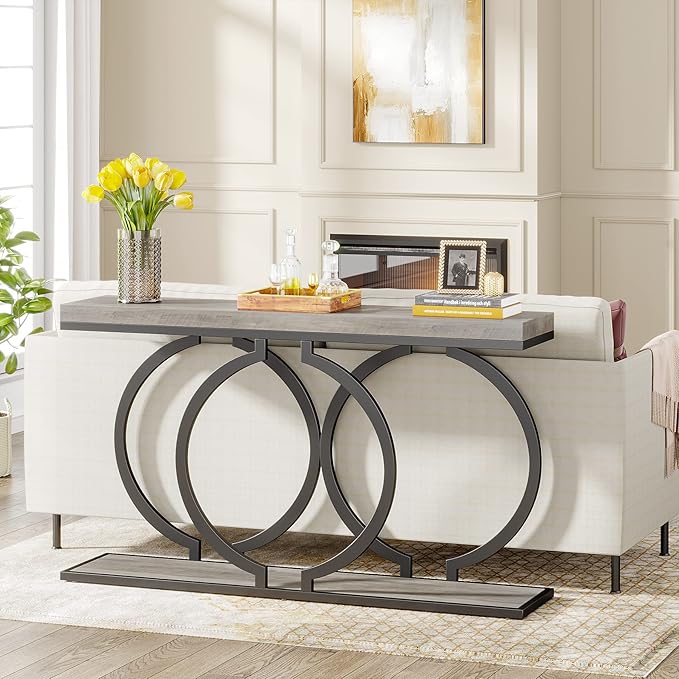 LITTLE TREE 55 inch Faux Marble Gold Console Table Modern Entryway Table Narrow Long Sofa Table Accent Table for Living Room, Grey + Black