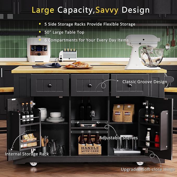 53" Large Kitchen Island with Drop Leaf,Power Outlet & Door Internal Storage Rack,Rolling Kitchen Cart on 5 Wheels W/ 5 Open Side Racks for Kitchen,Dining Room,Black(Not Include bar stools)