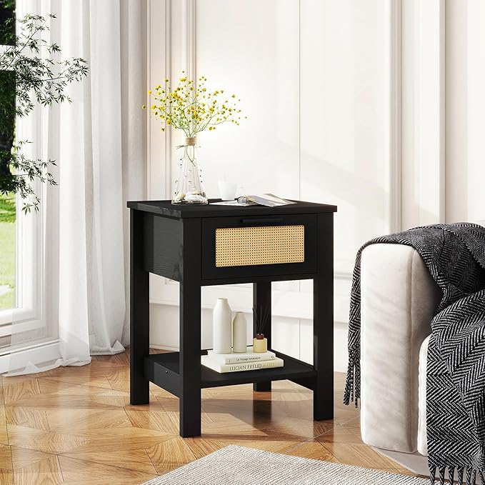 IBUYKE Rattan Nightstand, Boho Night Stand with Drawer, Wood Bedside Tables with Storage Shelf, End Table with Legs for Bedroom, Black UWNS011B