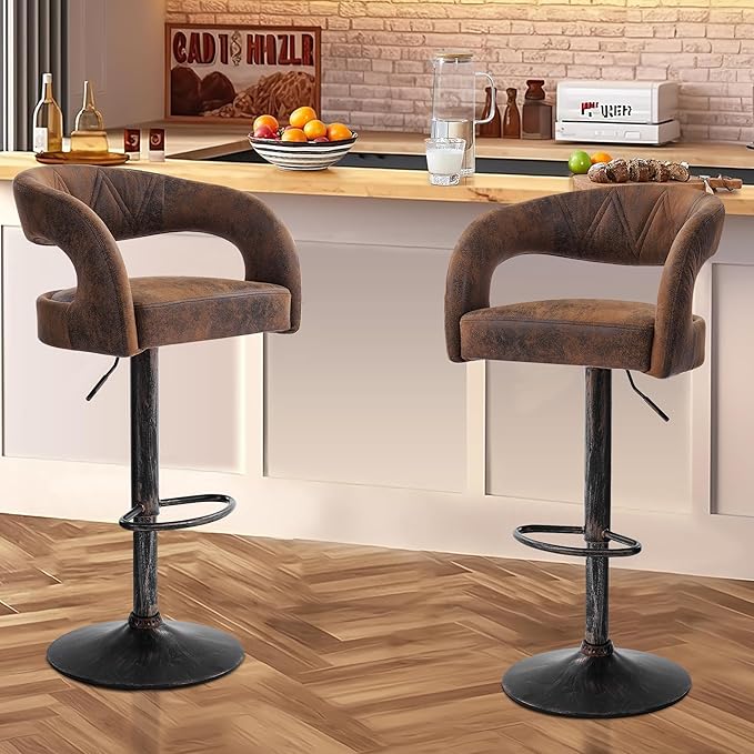 VECELO Bar Stools Set of 2 Adjustable Swivel Modern Pu Leather Barstools, Counter Bar Stools with Back and Arms, for Kitchen, Bar (Dark Brown)