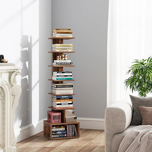 TUTOTAK Narrow Bookshelf, Vertical 8-Tier Bookcase, Spine Book Shelf for Small Space, Small Standing Shelf for Living Room, Office, Study, Entryway, Brown BS07BB008