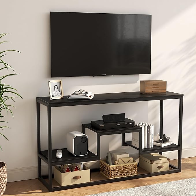 TV Stand for TVs up to 65 Inch, TV Console Table with 3-Tier Open Storage Shelves, Modern Industrial Entertainment Center for Living Room, Bedroom, Black