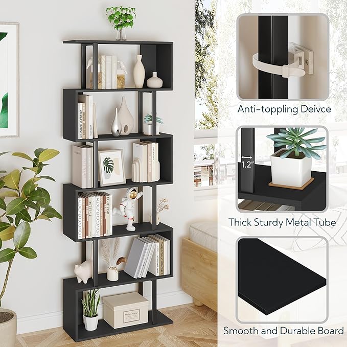 Yusong S Shaped Bookshelf, Modern Geometric Bookcase, 6-Tier Black Display Case Book Shelf