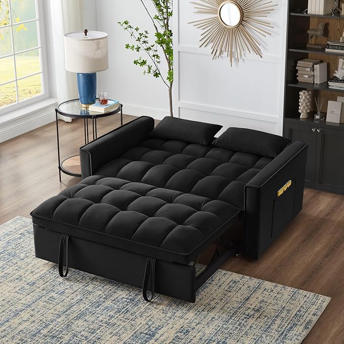 KEIKI Velvet Loveseat Convertible Sofa Bed Sleeper Chair with Adjustable Backrest, Pillows & Storage Pockets, 3 in 1 Pull-Out Couch Chaise Lounge Recliner for Living Room Balcony Bedroom, Black