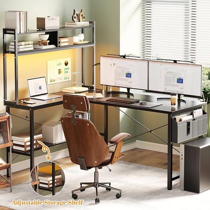 Aheaplus L Shaped Desk Gaming Desk, 59" L Shaped Computer Desk with LED Light & Power Outlet, Reversible Home Office Desk Gamer Desks with Shelves & Storage Bag & Hooks, Corner PC Desk, Black
