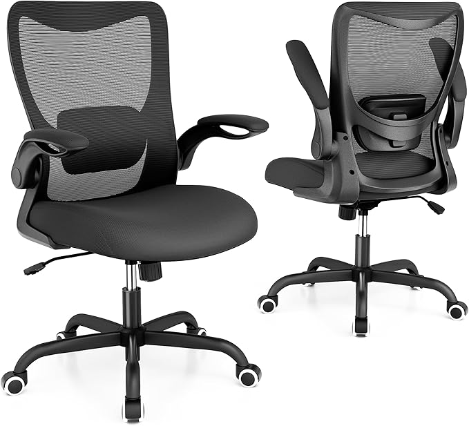 Office Chair, Ergonomic Desk Chair with Adjustable Lumbar Support and Flip up Armrest, Breathable Mesh Computer Chair for Home Office, Black