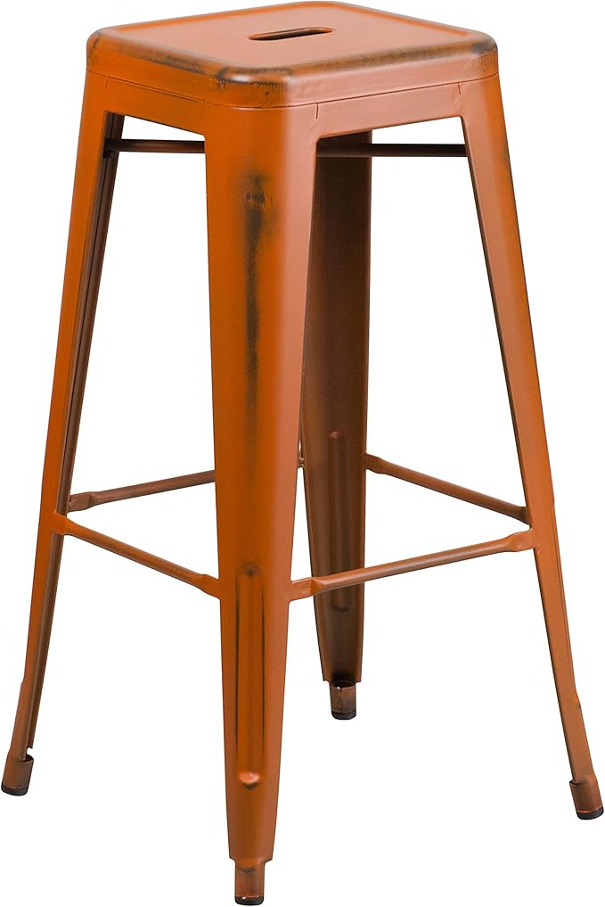 Flash Furniture Kai Commercial Grade 4 Pack 30" High Backless Distressed Orange Metal Indoor-Outdoor Barstool