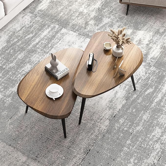 Midcentury Nesting Coffee Table Set of 2, Mid Century Modern Walnut Wood Oval Coffee Tables for Living Room, Compact Coffee Table and Side Table Set for Sofa Bedside Office Balcony or Small Spaces
