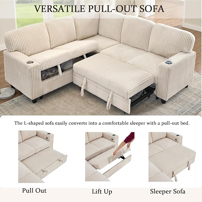 Ball & Cast Modular Sectional Sleeper Sofa Bed,L-Shaped Couch W/Pull Out Bed and USB Charging,Cupholders&Storage Seats,Convertible Sleeper Sofa Beds for Living Room,Apartment,Corduroy Fabric,Beige,81"