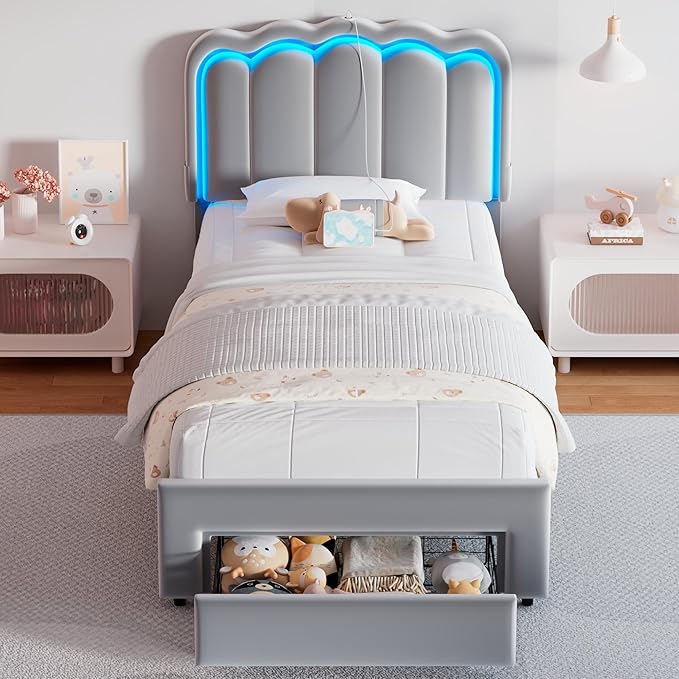Twin Upholstered LED Bed Frame with Storage Drawer and Adjustable Chic Double Wavy Headboard, Velvet Prince Platform Bed for Boys/Kids, Solid Wood Slats Support, No Box Spring Needed, Grey