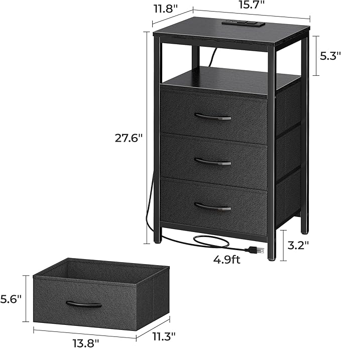 Huuger Nightstands Set of 2, 27.6 Inch End Tables with Charging Station, Bed Side Tables with Fabric Drawers, USB-C Port and Outlet, Night Stands for Bedroom, Black