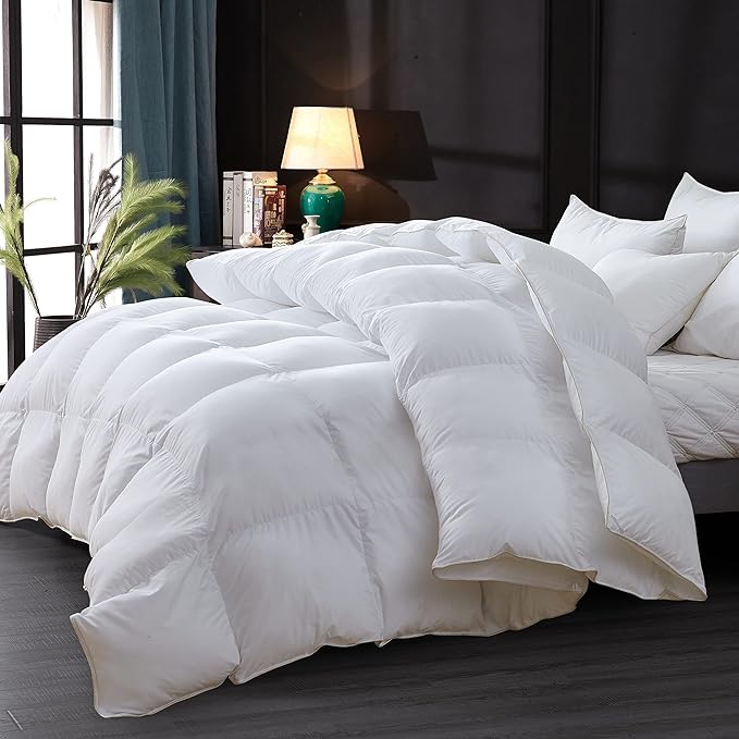 Egyptian Cotton Luxurious All-Season California King Size Goose Down Comforter Duvet Insert, Premium White Solid Plain Design, 1200 Thread Count 100% Egyptian Cotton, 750+ Fill Power,90oz Fill Weight