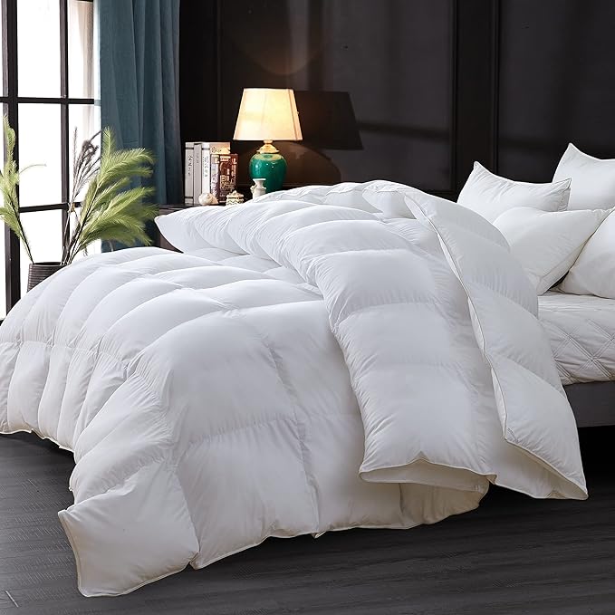 Luxurious All-Season Goose Down Feather Fiber Comforter Twin Size Duvet Insert, Premium White Solid Plain Design, Premium Baffle Box, 100% Egyptian Cotton, 60 oz Fill Weight