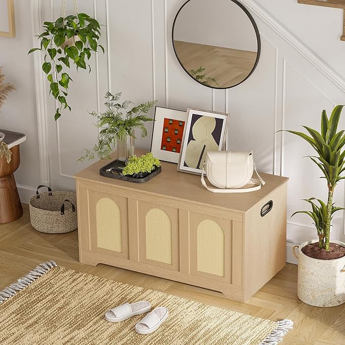 DINZI LVJ Storage Chest, 39.4" Rattan-Like Box with 2 Safety Hinges, Wooden Entryway Shoe Bench with Flip-Top, Storage Trunk for Living Room, Bedroom, Easy Assembly, Natural
