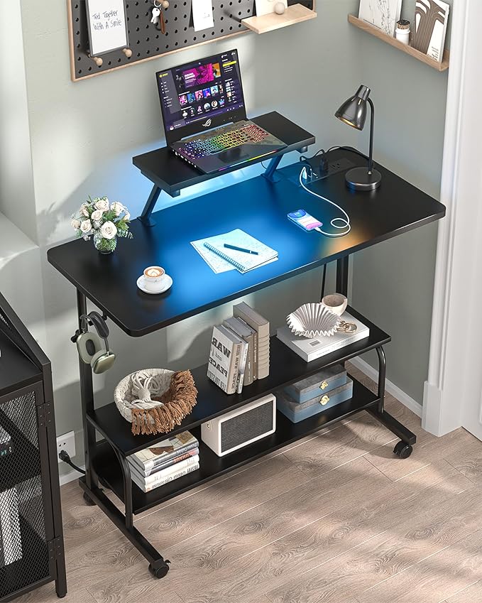 Height Adjustable Standing Desk with Power Outlets and LED Lights - 39" Manual Stand Up Desk with Monitor Stand and Storage Shelves Small Mobile Rolling Computer Desk Portable Laptop Table, Black