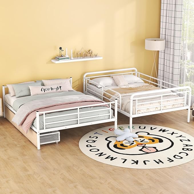 Full Over Queen Metal Bunk Bed with 2 Storage Drawers,Contemporary Iron-Crafted Bed Frame,w/Ladder & Full Length Gridded Guardrails,No Box Spring Needed,for Bedroom Guest Room,White