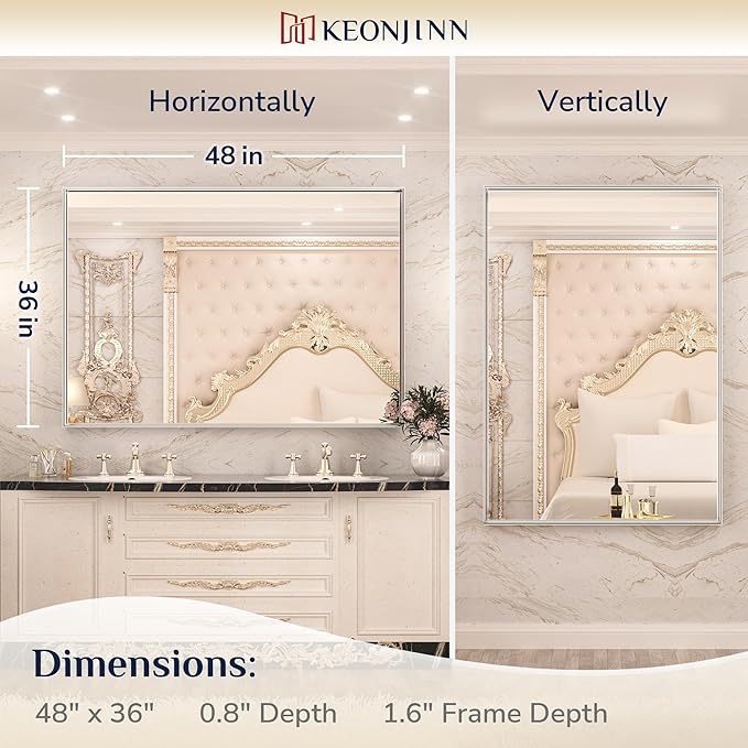 Keonjinn 48 x 36 Inch Silver Bathroom Mirror for Over Sink Large Rectangle Wall Mirror Brushed Metal Framed Square Corner Vanity Mirror Wall Mounted Rectangular Farmhouse Mirror(Horizontal/Vertical)