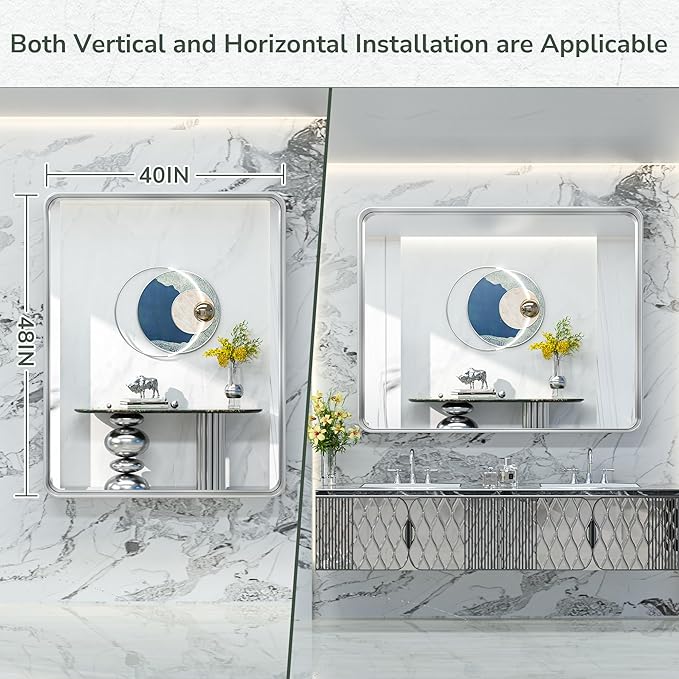TokeShimi 48x40 Inch Brushed Silver Bathroom Mirror for Wall Metal Rounded Corner Rectangle Mirror Metal Frame Deep Set Design Hangs Horizontal Or Vertical