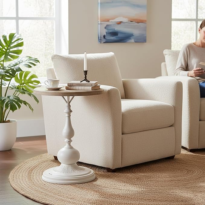 Round Side Table Living Room, Vintage End Table, French Country Round Table with Cedar Wood Accent Table for Bedroom, Entryway, Home Decor White