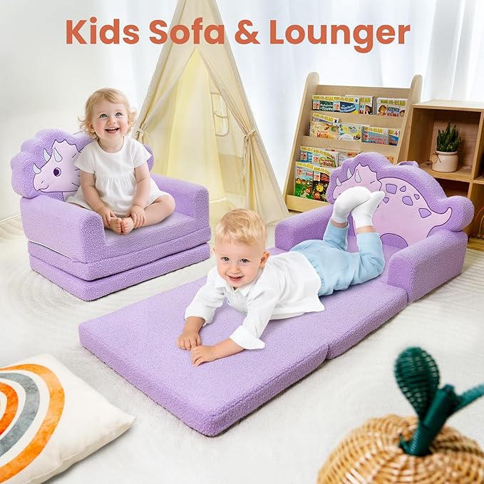 TinyPalsa Kids Couch, Convertible Sofa to Lounger Fold Out, Purple Dinosaur Design Chair for Toddlers 1-3, Gift for Movie Night, Camping, and Napping