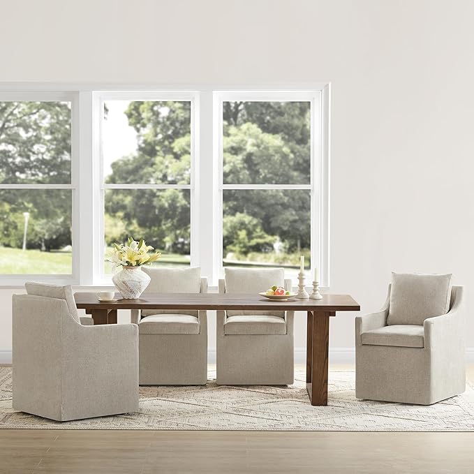Upholstered Dining Chairs with Casters Easy Assembly Side Deskchair with Rollers for Diningroom, Living Room, Khaki, 4 Box