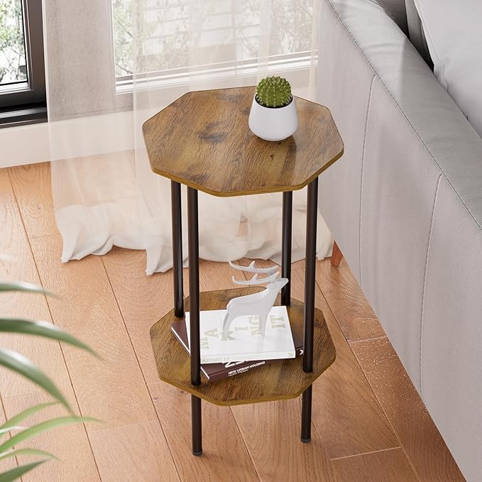 Side Table, Octagonal End Table for Small Spaces, Nightstand with 2 Storage Shelves, Small Table Stand for Bedroom, Living Room, Outdoor Balcony(Brown)