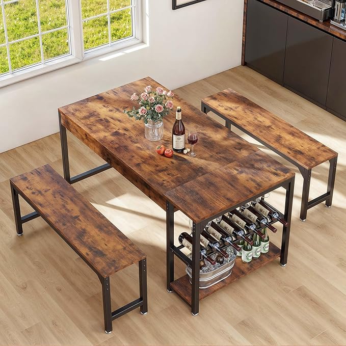 DWVO 3-Pieces Dining Room Table Set for 4 People 63" Large Dining Table with 2 Benches Rectangle Industrial Kitchen Table for 4 with Metal Frame & 2 Storage Shelves for Small Space Kitchen Brown