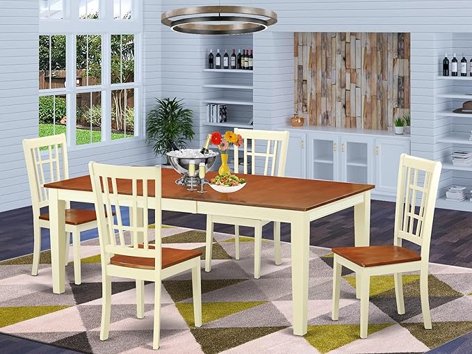 East West Furniture QUNI5-WHI-W 5 Piece Dining Room Table Set Includes a Rectangle Kitchen Table with Butterfly Leaf and 4 Dining Chairs, 40x78 Inch, Buttermilk & Cherry