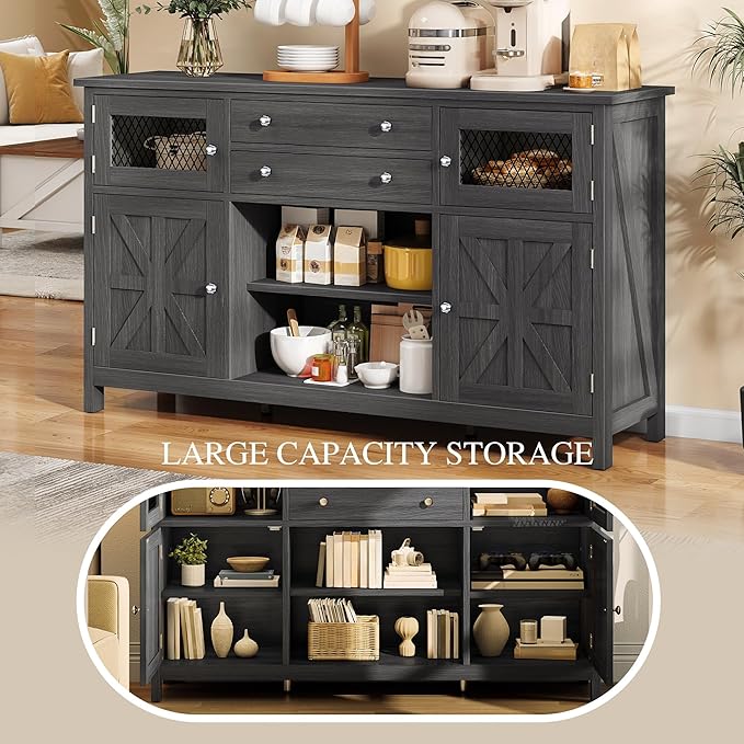 YITAHOME Farmhouse TV Stand for TVs up to 65", 59" Entertainment Center with 2 Large Drawers & Visual Grid Door, Rustic TV Media Console for Living Room, Dark Grey