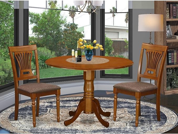 East West Furniture DLPL3-SBR-C 3 Piece Dining Room Table Set Contains a Round Kitchen Table with Dropleaf and 2 Linen Fabric Upholstered Dining Chairs, 42x42 Inch, Saddle Brown