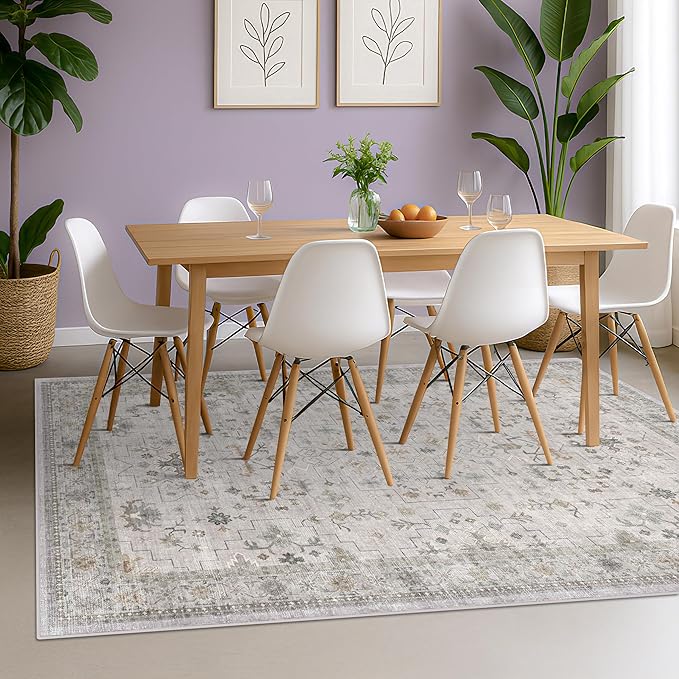 Boho Light Grey Living Room Rug 6x8 - Modern Vintage Eclectic Floral Paste Neutral Taupe, Washable Low Pile Non-Slip Large Area Rugs for Dining Under Table, Bedroom