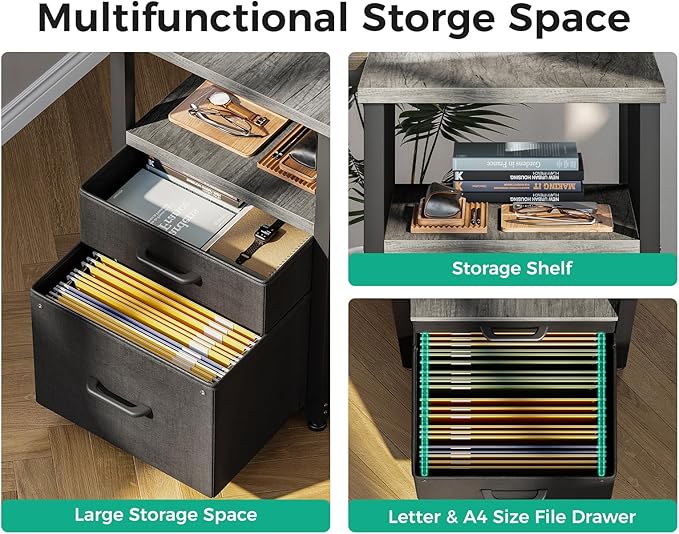Coleshome L Shaped Computer Desk with 6 Drawers & Power Outlet, 55 Inch Corner Desk with Reversible Storage Shelf & File Drawer, Home Office Desk, Grey Oak