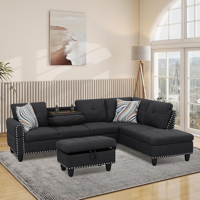 L Shaped Modular Sectional Sofa with Reversible Chaise Lounge, 5-Seater Corner Couch, Linen Upholstery Convertible Sofá w/Movable Ottoman, Cup Holders, 2 Pillows and Rivet Ornament for Living Room